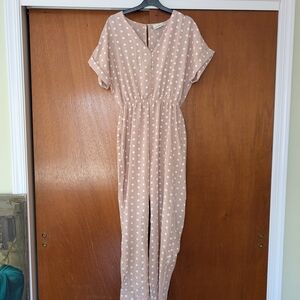 Aura Polka Dot Jumpsuit in Beige and White Short Sleeve Boho Large